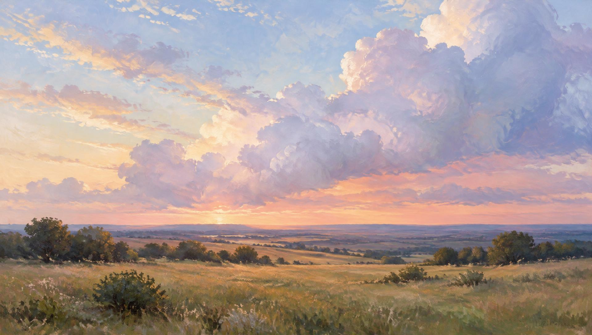 Painted open field beneath a wide evening sky